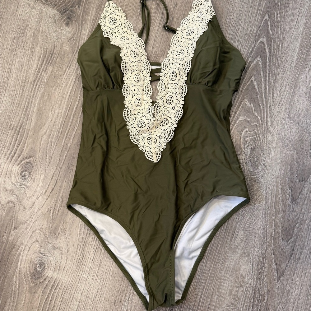 Olive Green Lace Trim One Piece Swimsuit